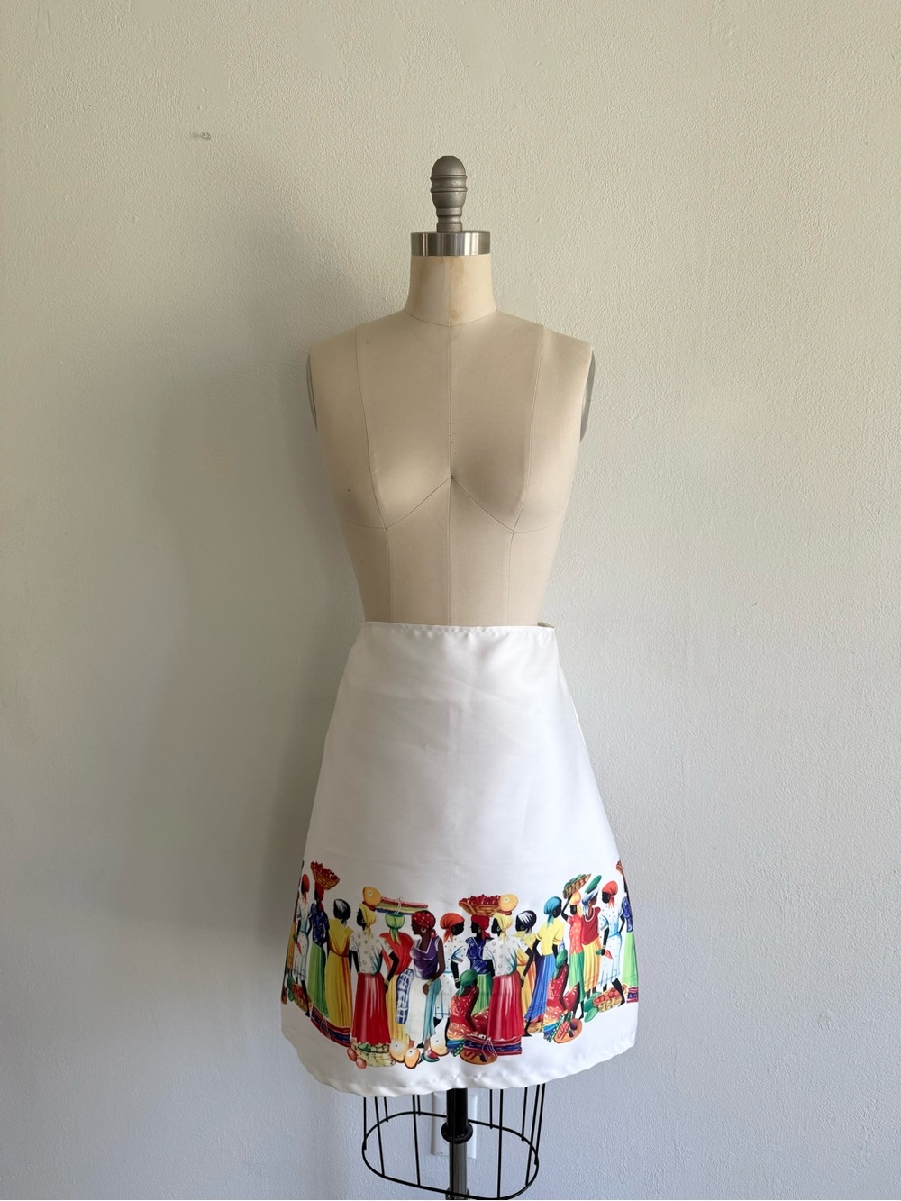 White A-Line Skirt with Colorful Group Border Print